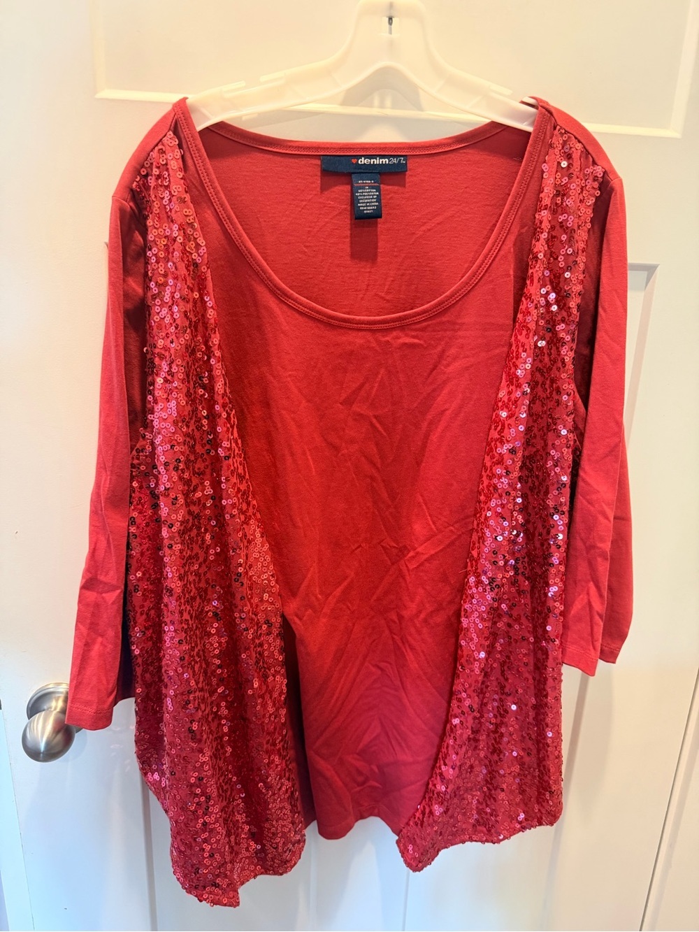 Denim 24/7 1X Red Sequin Panel Top Plus Size 3/4 Sleeve Holiday Party Blouse